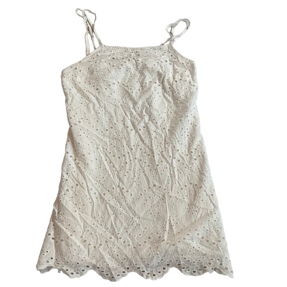 Jun & Ivy White Eyelet Spaghetti Straps Scalloped Hem Boho Mini‎ Dress Large
